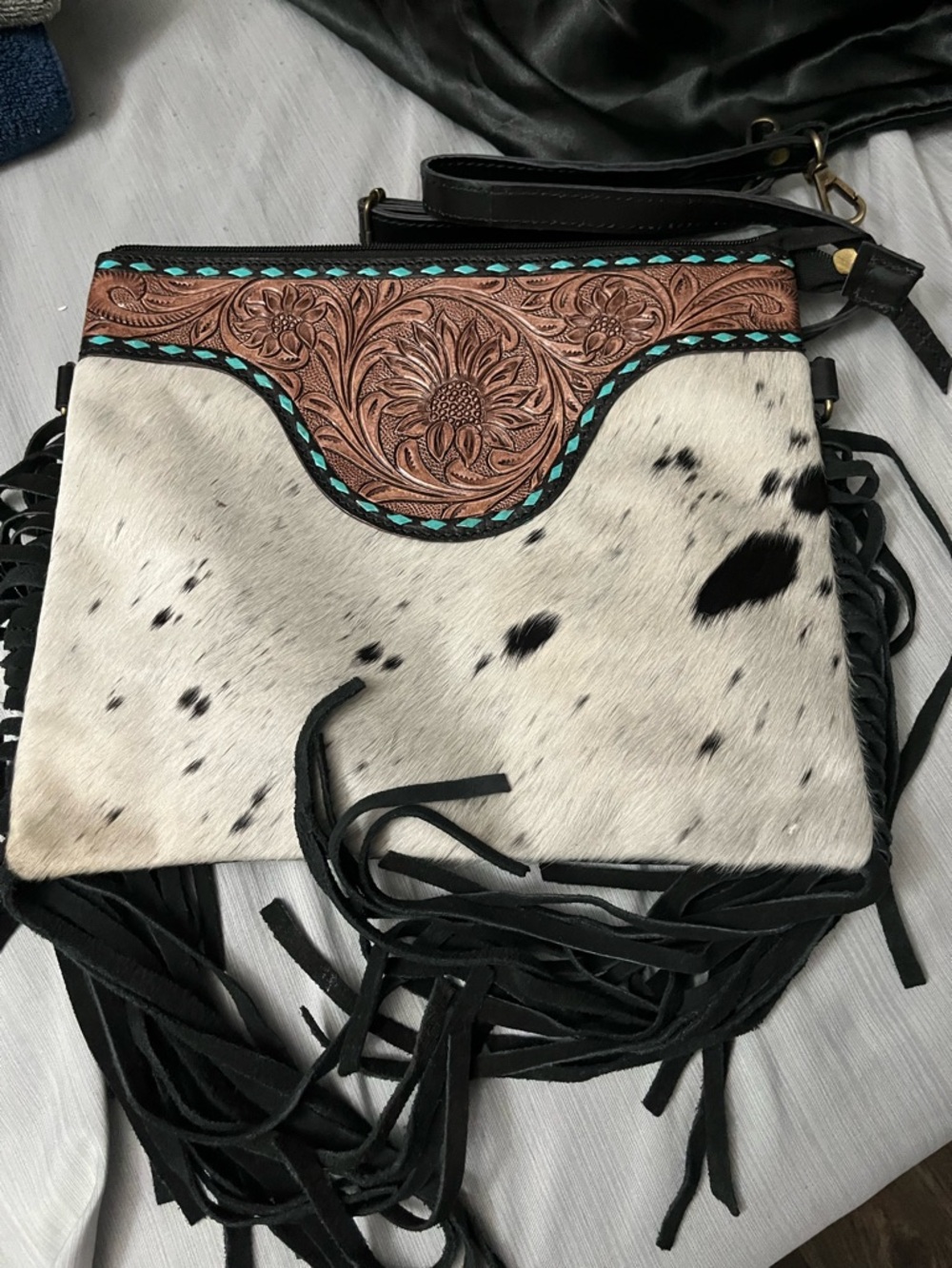 Myra Bag Black, White & Brown Tooled Leather Cowhide Fringe Crossbody